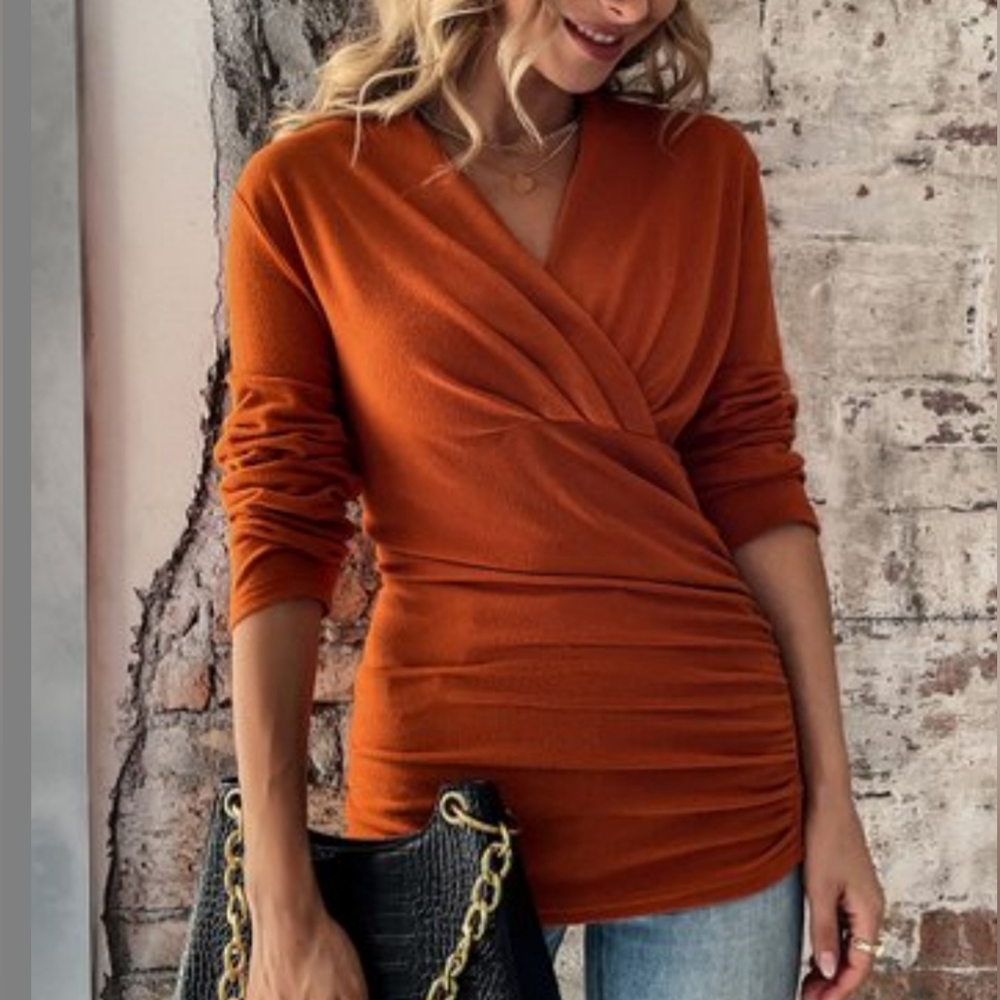 Ruched Surplice Tunic Pullover Sweater